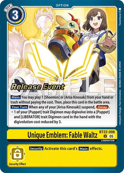Image for Unique Emblem: Fable Waltz (BT22-098 U) (Cyber Eden Release Event Cards) - Digimon Card Game
