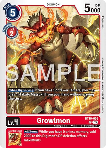 Image for Growlmon - BT19-009 (Reprint) (BT19-009 C) [Advanced Booster Digimon Generation] - Digimon Card Game