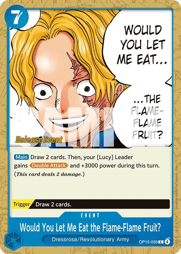 Image for Would You Let Me Eat the Flame-Flame Fruit? (OP15-056) [Adventure on Kami's Island Release Event Cards] - One Piece Card Game