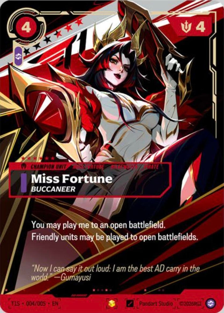 Image for Miss Fortune, Buccaneer (T1 Worlds Champion Signature Edition Bundle) (T1S 004/005) [Riftbound Promotional Cards] (PR) - Riftbound: League of Legends Trading Card Game