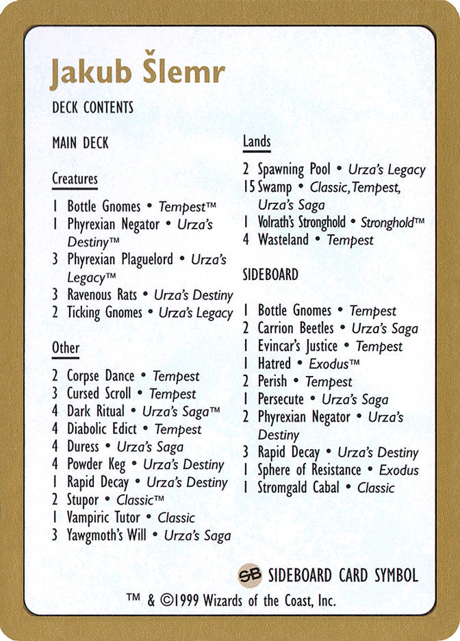 Jakub Ã…Â lemr Decklist [World Championship Decks 1999]